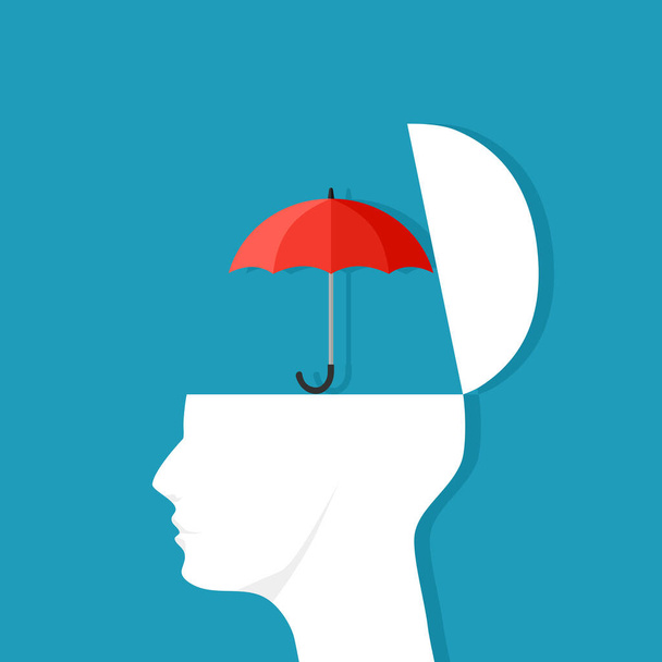 La cabeza se abrió con un paraguas. Significado de protección. ideas de cuidado - Vector, Imagen