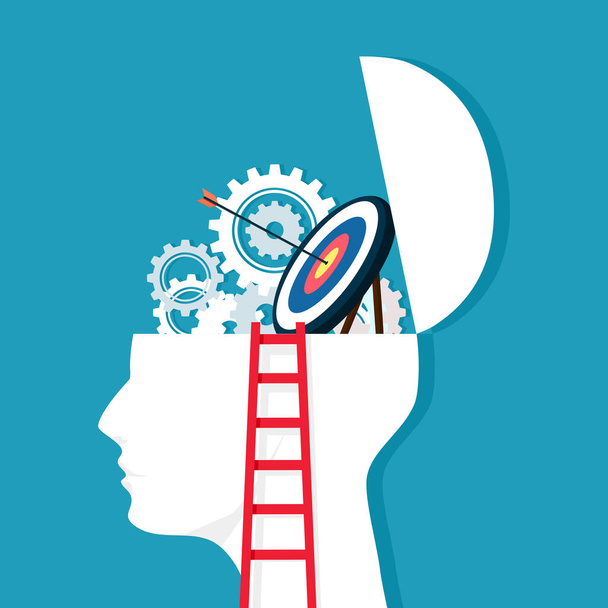 標的と人間の頭の上のはしごやギア。目標につながる思考プロセスです。ビジネスコンセプト - ベクター画像