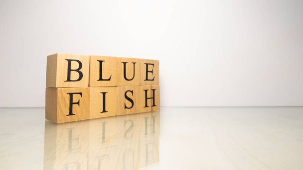 Название "Голубая рыба" было создано из деревянных кубиков букв. Морепродукты и еда. close up. - Фото, изображение