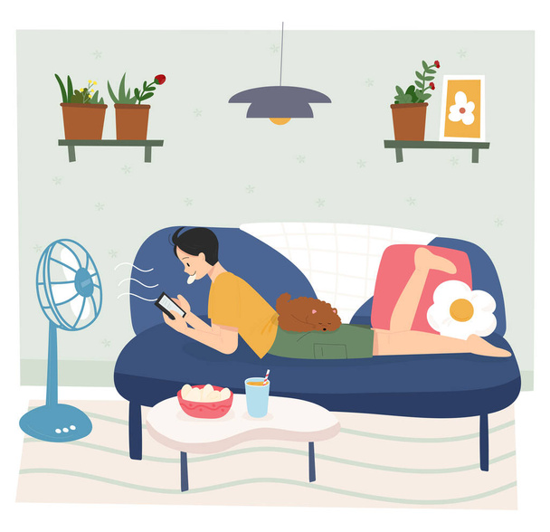 Ein Mann liegt auf dem Sofa und blickt auf sein Smartphone, während er im Wind bläst. Handzeichnung Stil Vektor Illustration. - Vektor, Bild