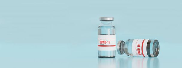 Ilustración de renderizado 3D, coronavirus o botella de vacuna covid-19 sobre fondo azul aislado, tratamiento médico de negocios conceptuales, atención médica, lucha contra la producción de medicamentos de vacunación contra el virus, encabezado del banner web - Foto, imagen