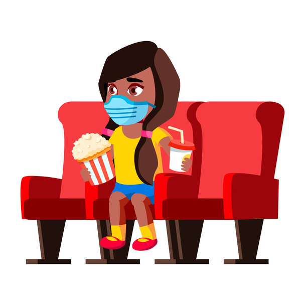 Meisje kind in het gezicht masker rusten in bioscoop vector - Vector, afbeelding