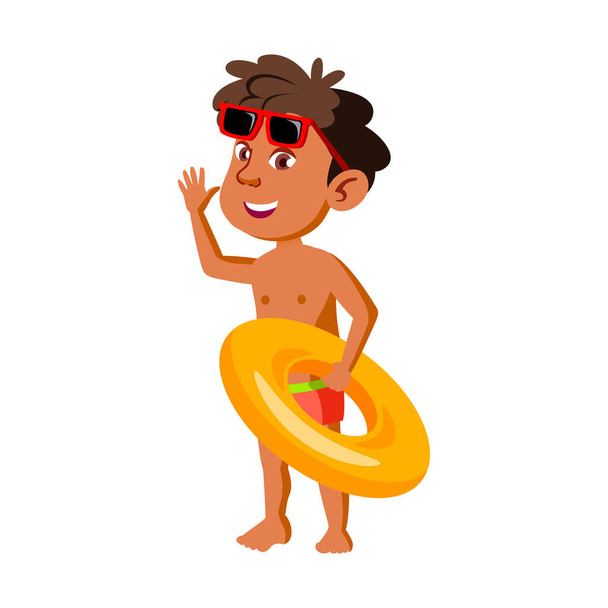 Bambino ragazzo con salvagente andare a piscina vettore - Vettoriali, immagini