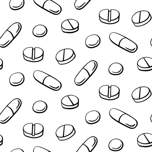 Бесшовный рисунок с лекарствами, капсулами, лекарствами, лекарствами, таблетками и таблетками. Медицинская аптека фон и текстуры. Векторная иллюстрация EPS10 в стиле каракулей. - Вектор,изображение