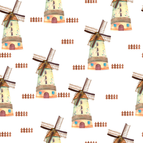 Kusursuz desen. Çocuk kumaşı ve ambalaj kağıdı süslemek için harika suluboya ev ve değirmen baskısı - Fotoğraf, Görsel