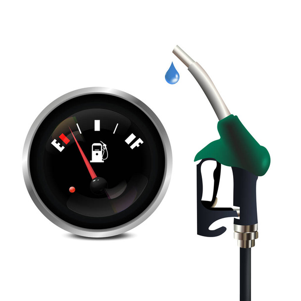 3D vector refueling a car with oil, gasoline, diesel. Fuel gauge level indicator with fuel nozzle and drop. Gas station design - Vector, Image
