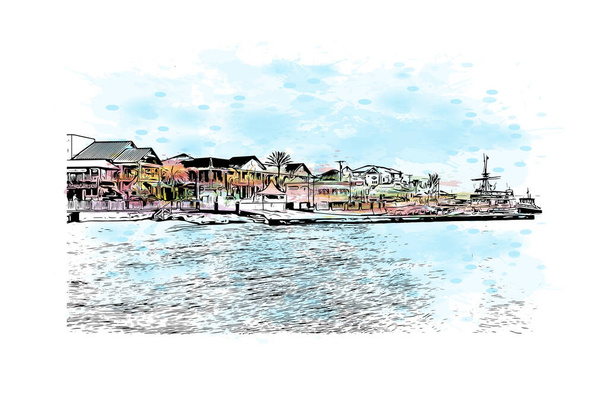 Προβολή κτιρίου με ορόσημο του George Town είναι η πρωτεύουσα στα νησιά Κέιμαν. Υδατογραφία βουτιά με ζωγραφισμένα στο χέρι εικονογράφηση σκίτσο στο διάνυσμα. - Διάνυσμα, εικόνα