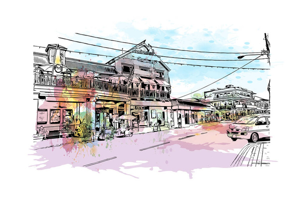 Προβολή κτιρίου με ορόσημο του George Town είναι η πρωτεύουσα στα νησιά Κέιμαν. Υδατογραφία βουτιά με ζωγραφισμένα στο χέρι εικονογράφηση σκίτσο στο διάνυσμα. - Διάνυσμα, εικόνα