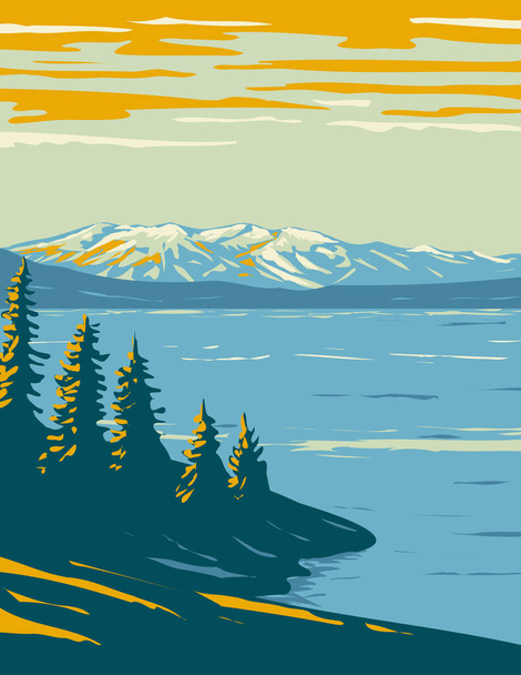 WPA poster art of Yellowstone Lake, the biggest body of water locked in Yellowstone National Park, Вайомінг США done in works direction style or Federal art project. - Вектор, зображення