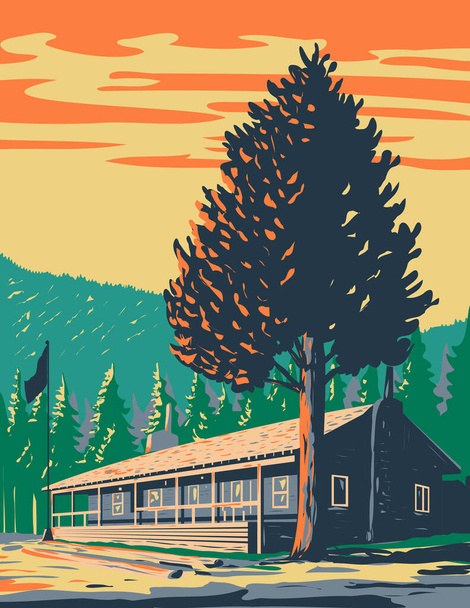 Плакат WPA о хижинах Roosevelt Lodge, расположенных в районе Tower-Roosevelt в Йеллоустонском национальном парке, штат Вайоминг США, выполненный в стиле администрирования работ или федеральном стиле художественного проекта. - Вектор,изображение