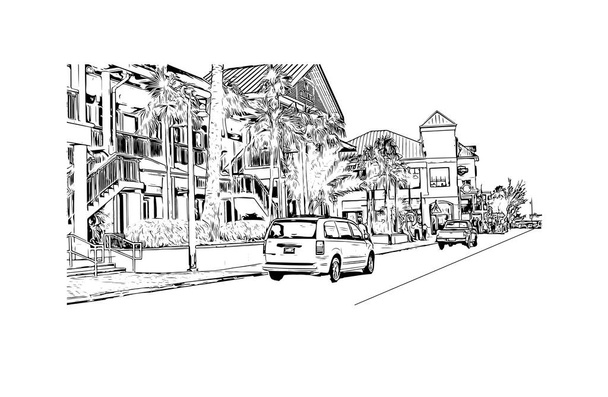 Drukuj Widok budynku z zabytkiem George Town jest stolicą na Kajmanach. Ręcznie rysowany szkic ilustracji w wektorze. - Wektor, obraz