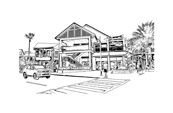 Вид Print Building з орієнтиром Джорджа Тауна є столицею Кайманових островів. Намальована вручну ілюстрація у векторі. - Вектор, зображення