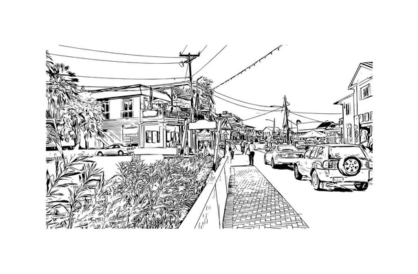 Afdrukken Gebouw met bezienswaardigheid van George Town is de hoofdstad van de Kaaimaneilanden. Handgetekende schets illustratie in vector. - Vector, afbeelding