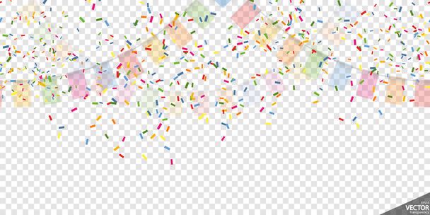 EPS 10 ilustração vetorial de guirlandas felizes coloridas e confetes em fundo transparente (transparência no arquivo vetorial) para festa de carnaval ou uso de modelo de aniversário - Vetor, Imagem