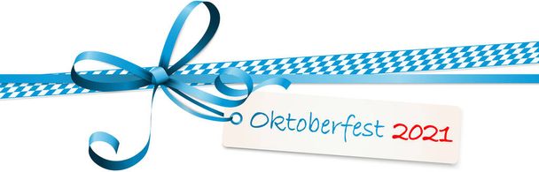 EPS 10 vector ilustración de lazo de cinta de color azul con etiqueta colgante y texto Oktoberfest 2021 aislado sobre fondo blanco para el tiempo de Oktoberfest alemán - Vector, Imagen