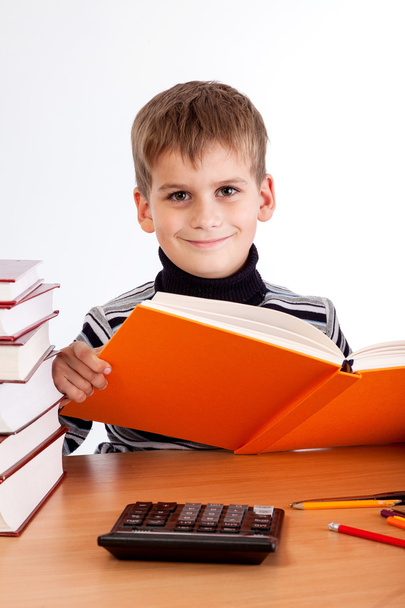 Cute schoolboy is reading a book - Fotó, kép