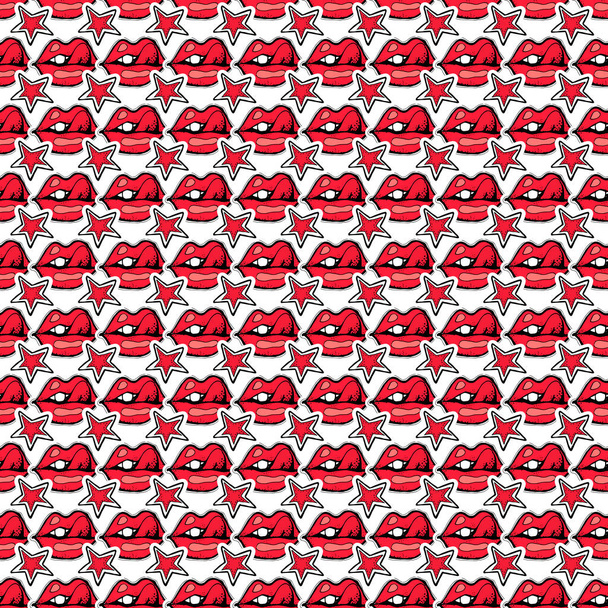 Rock n roll seamless pattern. Hand drawn punk rock background with skulls, punk hair, stars, red lips - Photo, Image