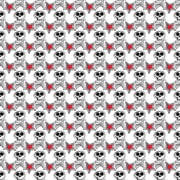 Rock n roll seamless pattern. Hand drawn punk rock background with skulls, punk hair, stars, red lips - Photo, Image