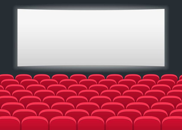 Interior de uma sala de cinema. Tela de cinema larga e assentos vermelhos. Um auditório vazio. Ilustração vetorial - Vetor, Imagem
