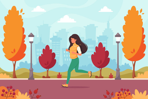 Donna che fa jogging nel parco autunnale. Stile di vita sano, sport, concetto di attività all'aperto. Illustrazione vettoriale. - Vettoriali, immagini
