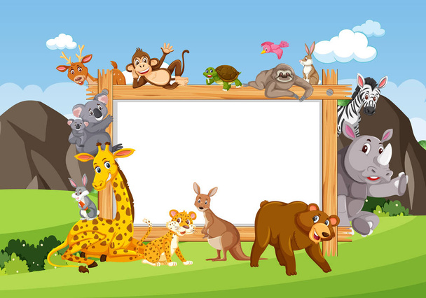 Empty wooden frame with various wild animals in the forest illustration - Vector, Image