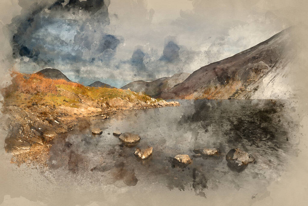 Aquarelle numérique de Superbe image de paysage de coucher de soleil de Wast Water et des montagnes dans Lake District en automne en Angleterre - Photo, image