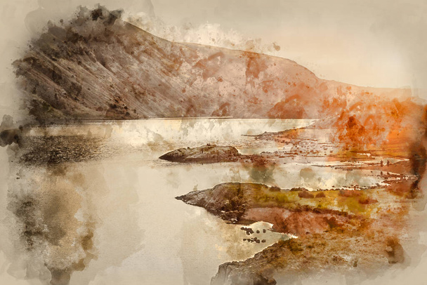 Digital watercolor painting of Stunning sunset landscape image of Wast Water and mountains in Lake District in Autumn in England - Photo, Image