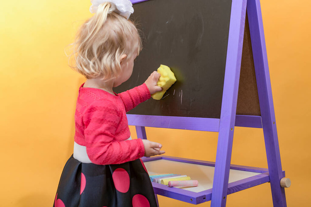 Το κοριτσάκι σκουπίζει τον πίνακα με ένα υγρό σφουγγάρι. Η έννοια της προσχολικής εκπαίδευσης για τα παιδιά. - Φωτογραφία, εικόνα