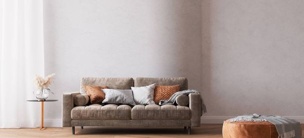 Modernes helles Wohnzimmer, braunes Sofa an geschwungener Wand, 3D-Putz - Foto, Bild