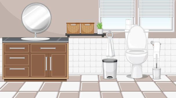 Інтер'єр ванної кімнати з меблями в ілюстрації бежево-білої теми
 - Вектор, зображення