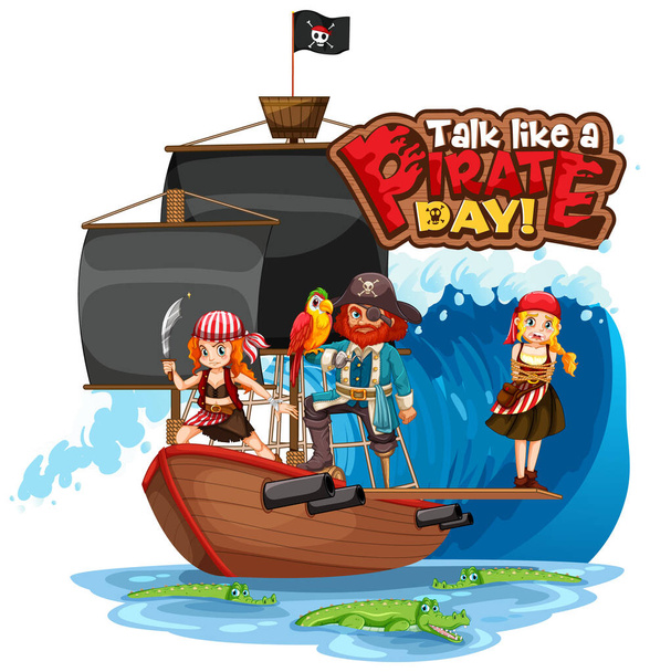 Розмовляй як значок шрифту Піратського дня з ілюстрацією персонажу мультфільму Пірата. - Вектор, зображення