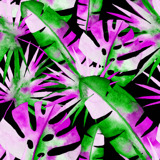 Акварель бесшовный узор с красочными абстрактными тропическими листьями. Яркий летний отпечаток с экзотическими растениями. Творческий модный ботанический текстильный дизайн. - Фото, изображение