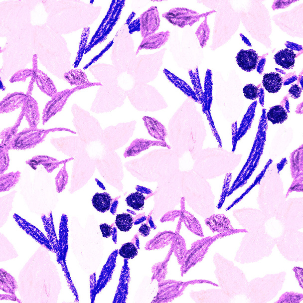 Kreativní bezešvý vzor s abstraktními květy nakreslenými voskovými pastelkami. Jasně barevný květinový tisk. - Fotografie, Obrázek