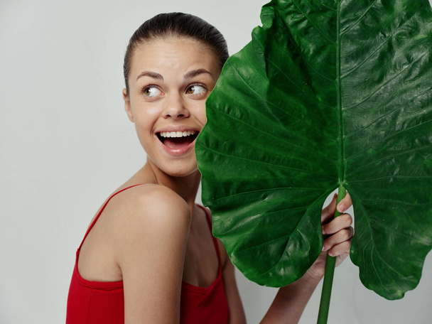 веселая красивая женщина пальмовый лист экзотический обрезанный вид - Фото, изображение