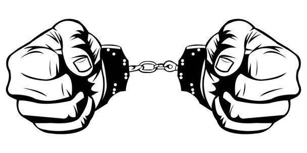Einfache Schwarz-Weiß-Illustration von zwei Händen in Handschellen auf weißem Hintergrund. Gefangenenhände. Eine Strafe. Menschliche Hände. Körperteil. Freiheitsberaubung - Vektor, Bild