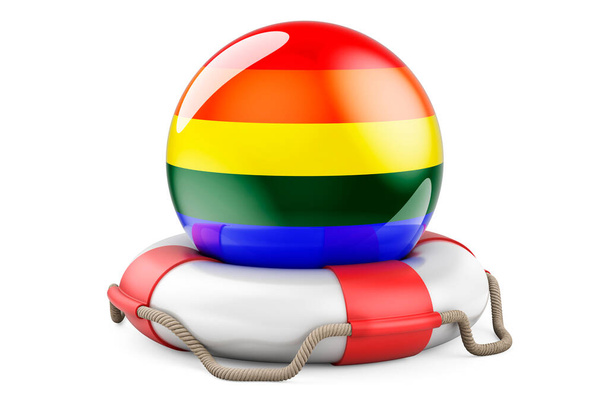 Lifebelt con bandiera arcobaleno LGBTQ, rendering 3D isolato su sfondo bianco - Foto, immagini