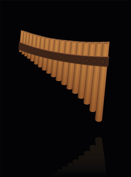 Panpipes, pan flute on black background. Ancient, rural woodwind musical instrument with pipes of different lengths. Isolated vector illustration. - Vector, Image