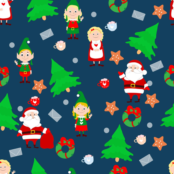 Patrón sin costuras de Navidad Santa Claus y la señora Santa Claus, elfos divertidos en trajes verdes, carta, árboles de Navidad, pan de jengibre sobre un fondo azul oscuro. - Vector, imagen