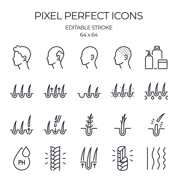 Hair problems related editable stroke outline icons set isolated on white background flat vector illustration. Pixel perfect. 64 x 64. - Vector, Image