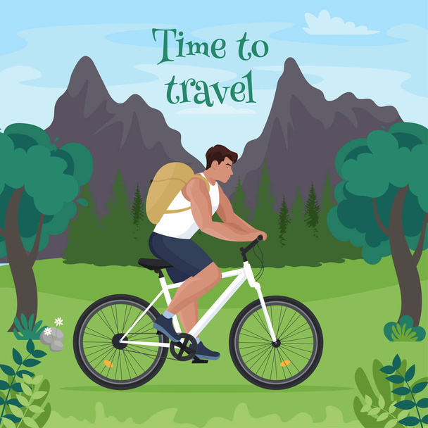 Un hombre viaja en bicicleta. Tiempo para viajar concepto. Hombre montando en bicicleta. Ilustración vectorial en estilo plano - Vector, imagen