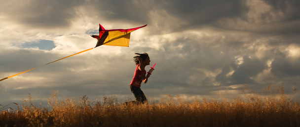 Un panorama d'une fille volant joyeusement son cerf-volant
. - Photo, image