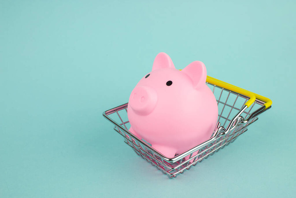 Shopping concept. Piggy banks in shopping basket. Saving money, spend economically. Seasonal discounts - Photo, Image