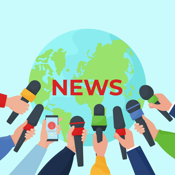 Concept of hot, fresh news. Hands of journalists with microphones. Flat vector illustration - Vector, Image