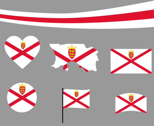Jersey Flagge Karte Band Und Herz Ikonen Vektor Illustration Abstrakte Design Elemente Kollektion - Vektor, Bild