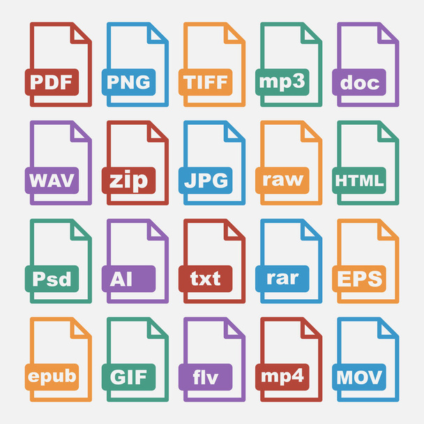 Conjunto de ícones vetoriais de formatos de arquivo digital (PDF, Mp3 e mais) - Várias cores isoladas em fundo branco - Vetor, Imagem