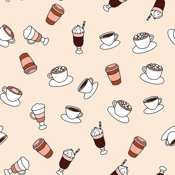 Seamless pattern with different coffee, print for bakery shop products. Doodle style. - Vector, Image