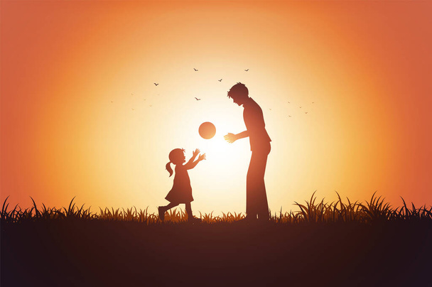 Glücklicher Vatertag. Vater und Tochter spielen bei Sonnenuntergang im Freien - Vektor, Bild