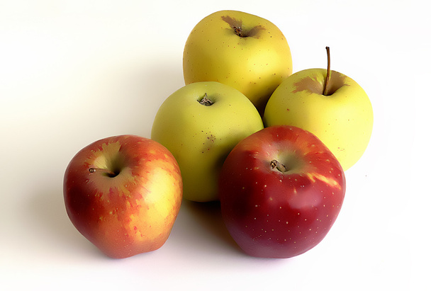 Червоні та жовті яблука на білому тлі
 - Фото, зображення