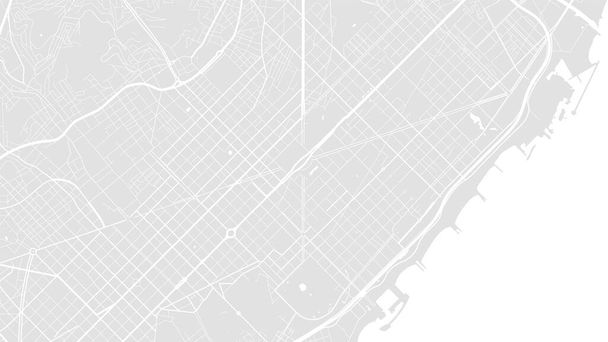 Blanco y gris claro Barcelona Mapa de fondo vectorial de la ciudad, calles y cartografía del agua ilustración. proporción de pantalla ancha, plano digital diseño streetmap. - Vector, imagen