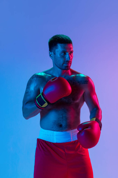 Portrait of Caucasian man, professional boxer in sportwear isolated on studio background in gradient neon light. Concept of sport, activity, movement, wellbeing. - Valokuva, kuva